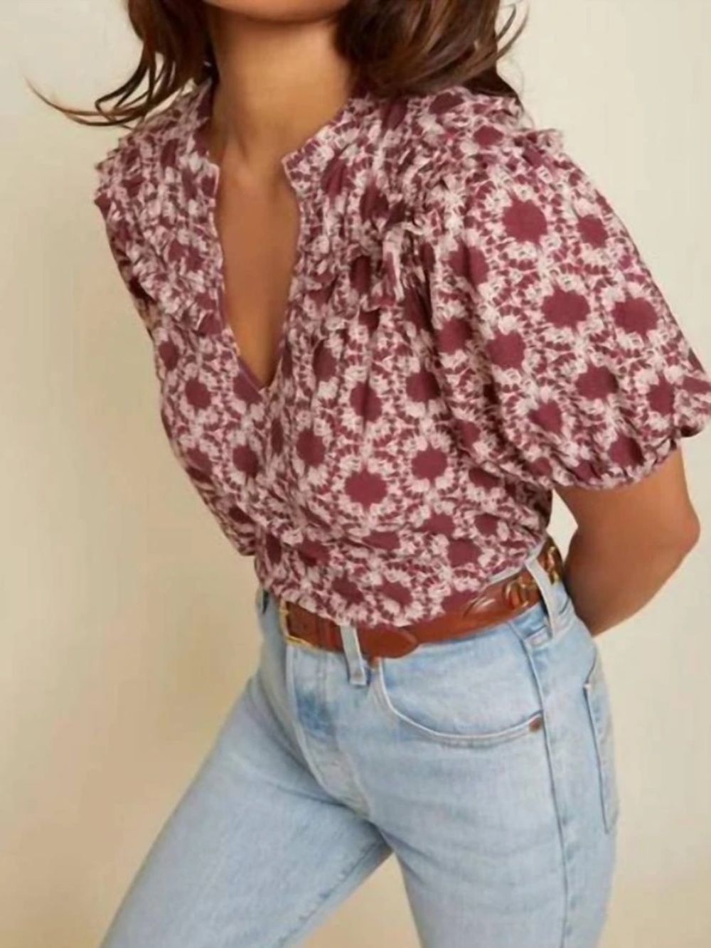 Nation Ltd Judith Yolked T-Shirt in Maroon Cream Pima Cotton Size XS